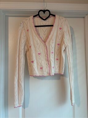 Altar'd State Cream Knit Cardigan with Pink Heart Trim